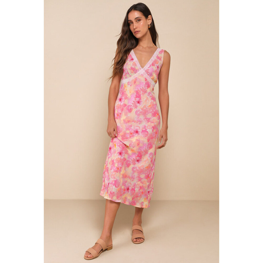 Lulus Picture-perfect Days Pink Multi Floral Lace V-neck Midi Dress - Size M